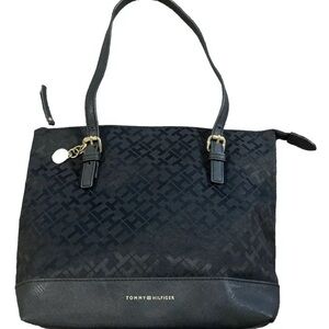 Tommy Hilfiger Black Medium Size Signature Logo Tote Shoulder Bag w/ Purse Charm